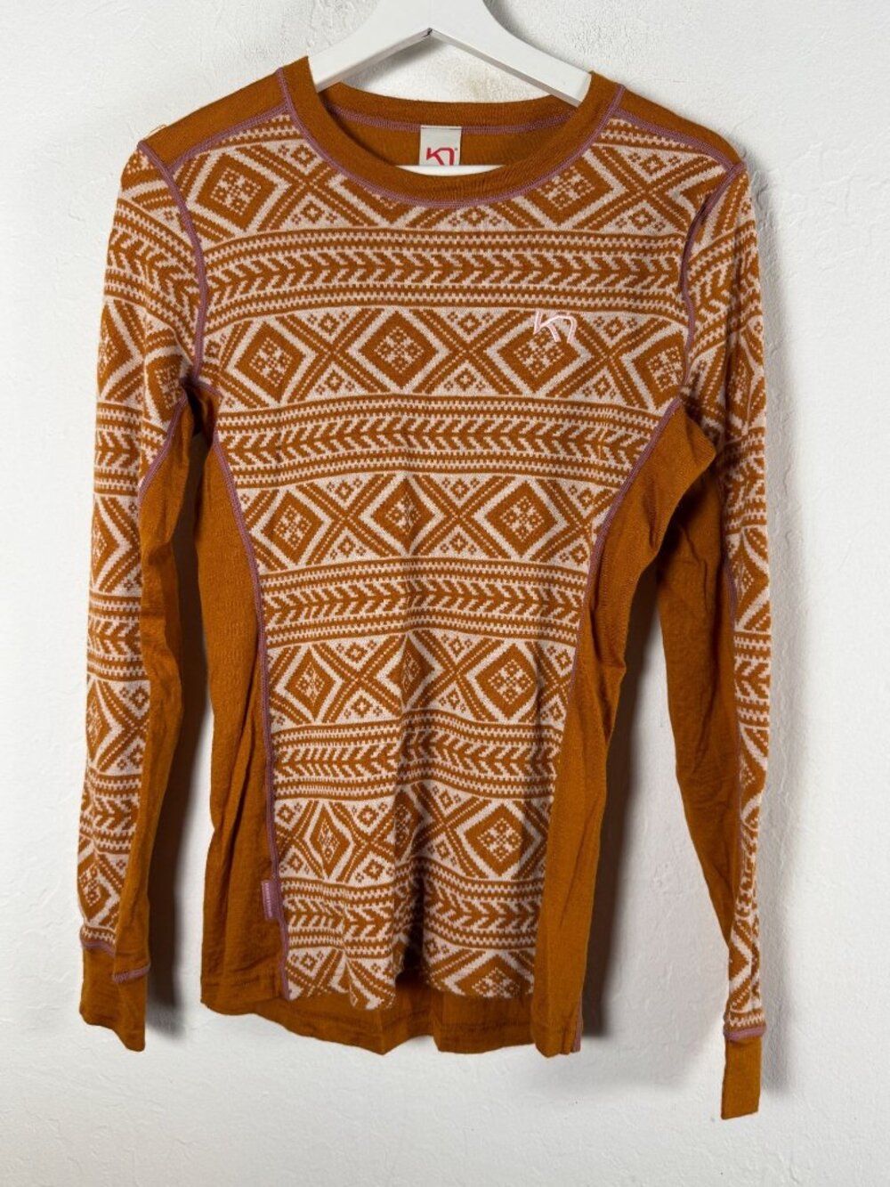 Kari Traa Womens Wool Blend Base Layer Top Fair Isle Print Orange Nordic Medium